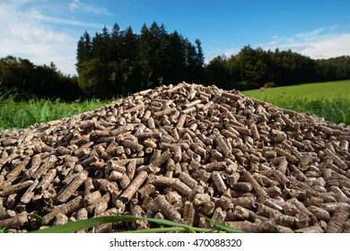 Pile of wooden pellets lying on meadow against forrest and blue sky in the background. Wooden pellets, environmentally friendly and economical heating, sustainable and renewable energy