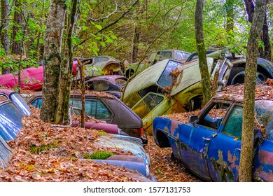 Pile Wrecked Cars Woods Junkyard Stock Photo (Edit Now) 1577131753