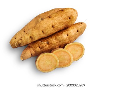 Pile Of Yellow Yam With Sliced Isolated On A White Background With Clipping Path.