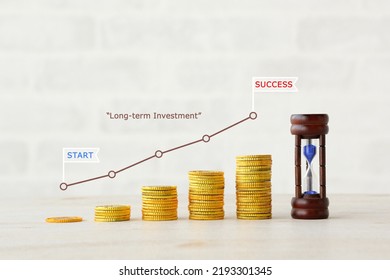 Piled Coins And Hourglass With Upward Trend Graph And Flags