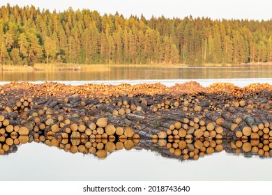 Piled softwood logs floating on the river in Finland - Shutterstock ID 2018743640