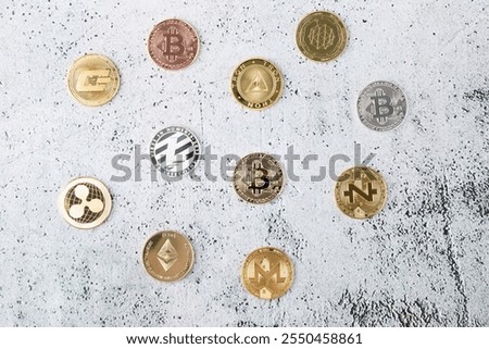 piled, spread bitcoin object, cryptocurrency concept