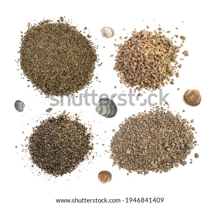 Piles of coarse gray sand isolated top view. Construction gravel and shell rock of different sizes collection