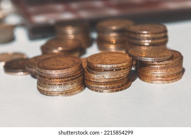 Piles Of Coins . Cash Money Stack . Nickel And Copper. Numismatist Collection