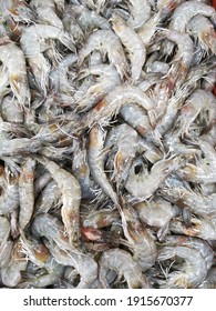 Piles Of Fresh Prawns On Asian Wet Market.