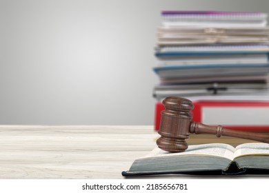 Piles Judicial Court Files And Judge Gavel On The Desk