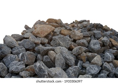 Piles of raw limestone rocks isolated on white background, materials used in the industry to make roads, railways, lime, burn, cement.