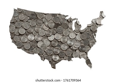 Piles Of Silver Shiny Five Cent Nickels On United States Map, Money Concept