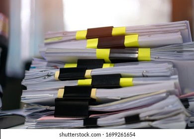 Piles Unfinished Documents Reports Files With Sticky Notes, Overwork Paper Corner On Teacher School Desk Office At University. Stack Of Messy Paperworks Assessment Legal Folder At Workplace