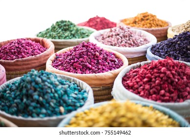 Piles Of Vibrant, Colourful Herbs And Potpourri At A Market Stall In A Souk In Marrakech, Morocco