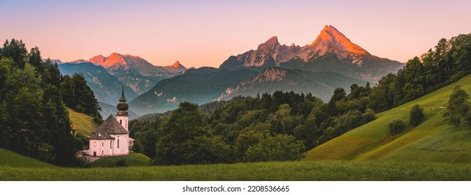 Pilgrim church Maria Gern, sunset view to mountain Watzmann from the valley Hochtal, Berchtesgarden Alps, Berchtesgaden, Berchtesgaden area, Upper Bavaria, Bavaria, Germany - Shutterstock ID 2208536665