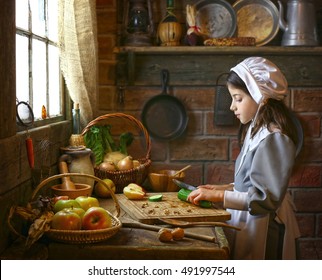 Pilgrim Girl Is Cooking In The Kitchen