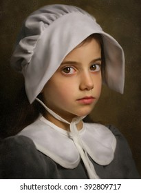 Pilgrim Girl. Imitation Of Antique Painting With Cracks.