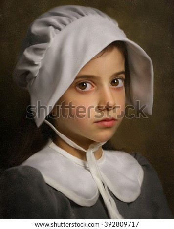 Pilgrim Girl. Imitation of antique painting with cracks.