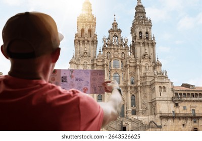 Pilgrim man checking his Pilgrim Credential passport with stamps on Obradoiro square in Santiago de Compostela, Spain with Santiago de Compostela Cathedral — famous Camino de Santiago finish point