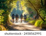 Pilgrims with backpacks walking the Camino de Santiago in Spain, Way of St James