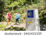 Pilgrims walking on their way to Santiago de Compostela. Camino de Santiago milestone sign on forest scene