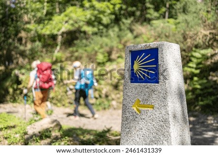 Pilgrims walking on their way to Santiago de Compostela. Camino de Santiago milestone sign on forest scene