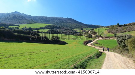 Pilgrims walking through endless green fields under the sun of a beautiful spring morning, Camino de Santiago, Navarra, Spain.