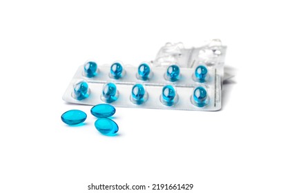 Pill Blister Isolated. Blue Capsule Package, Drugs Packaging, Pill Pack, Pharmacy Box, Medicine Capsules Blister On White Background