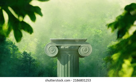 Pillar column ancient Greek in a sunny green forest
