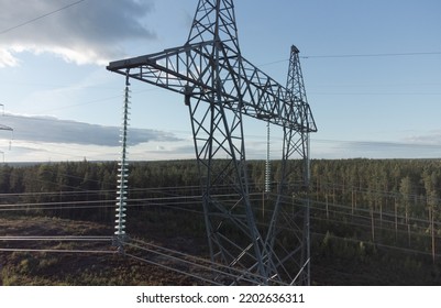 Pillar Of A High-voltage Power Line. Drone View. The Subject Of Electrification And Supply Of Electricity.