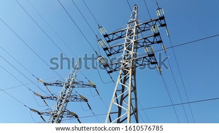 Pillar.  Power lines. Pole with electric wires. Electrification facility