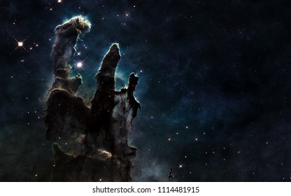 Pillars Of Creation. Deep Space. Beautiful Cosmic Landscape. Image In 5K Resolution For Desktop Wallpaper. Elements Of The Image Are Furnished By NASA