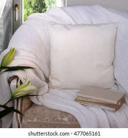 Pillow Case Mockup. White Cushion On An Armchair In The Room.