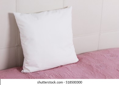 Pillow Case Mockup. White Cushion On Bed In The Bedroom. Perspective View.