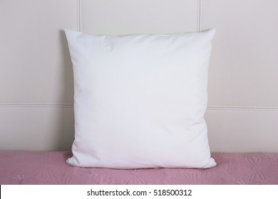 Pillow Case Mockup. White Cushion On Bed In The Bedroom. Front View.