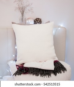 Pillow Case Mockup. White Cushion On Bed In Cozy Bedroom. Holidays Decorations.