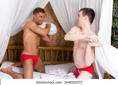 Pillow Fight. Funny Gay Couple.