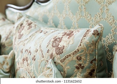 Pillow On The Classic Couch, Baroque, Rococo, Vintage. Luxurious Classical Furniture Background.