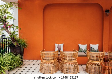 pillows against the background of an orange textured wall with a striped sofa in a modern cafe, stylish wooden chairs, tables and a roof and chewy sprouts. Copy space. place to insert a logo or text