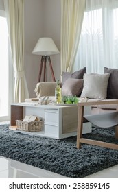 Pillows And Blanket On Earth Tone Sofa With Wooden Lamp In Living Room