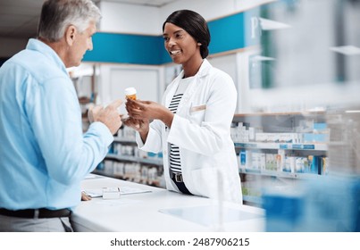 Pills, assistance and pharmacist with man by counter for prescription medication for treatment. Discussion, medicine and female healthcare worker with mature patient for tablets in drugstore chemist. - Powered by Shutterstock