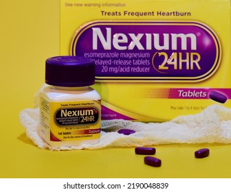 Pills And Bottle Of Nexium, Manassas, VA, USA, August 14, 2022