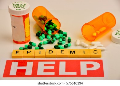 Pills And Containers On Table With Signs Symbolizing Drug And Prescription Abuse.