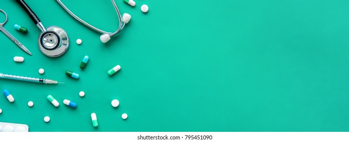 Pills Medical Equiupments Including Stethoscope Syringe Stock Photo ...