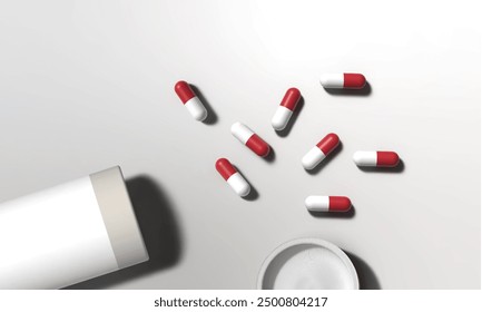 Pills, medication, red capsules spread out, painkiller, bottle of pills - Powered by Shutterstock