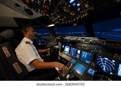 Pilot operating controls in a cockpit simulator, preparing for night landing