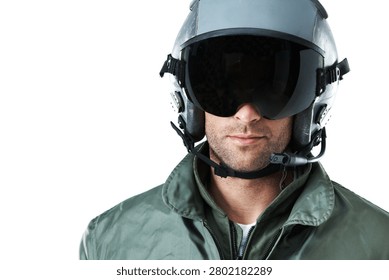 Pilot, space and man in studio with visor in airforce, tactical defense or military service for government. Mockup, soldier and person with helmet, uniform or gear for army career on white background