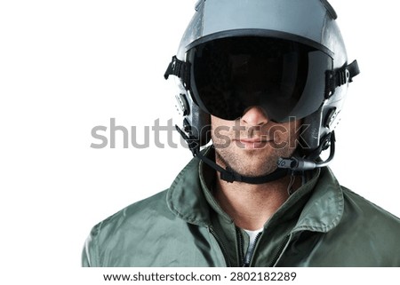 Pilot, space and man in studio with visor in airforce, tactical defense or military service for government. Mockup, soldier and person with helmet, uniform or gear for army career on white background