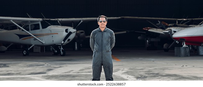 Pilot in uniform at airport. Asian Confident male pilot in uniform  and checking flight plan - Powered by Shutterstock