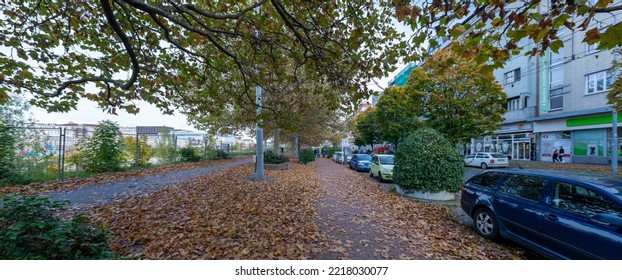 Pilsen, Czech Republic - October 23 2022: Autumn Sidewalk With Fallen Tree Leaves With Parked Cars By The Side Of The Road