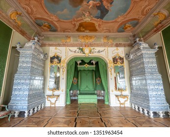 PILSRUNDALE, LATVIA, March 24, 2019: Interior Of Rundale Palace - The Duke’s Bedroom. The Parquet Floor, Ceiling Painting, Green Walls.