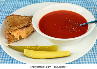 Pimento Cheese Spread On Toast With Tomato Soup.