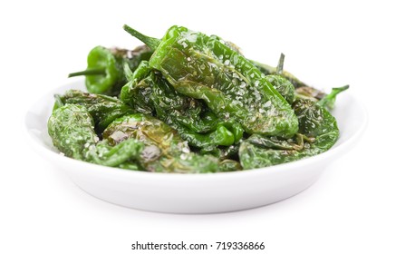 Pimientos de Padron isolated on white background, selective focus, close-up shot