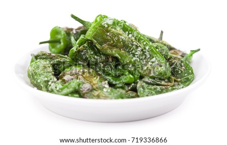 Pimientos de Padron isolated on white background, selective focus, close-up shot